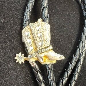 Vintage Western Cowboy Boot Bolo Tie Goldtone Boot with Spur Black Leather Chain